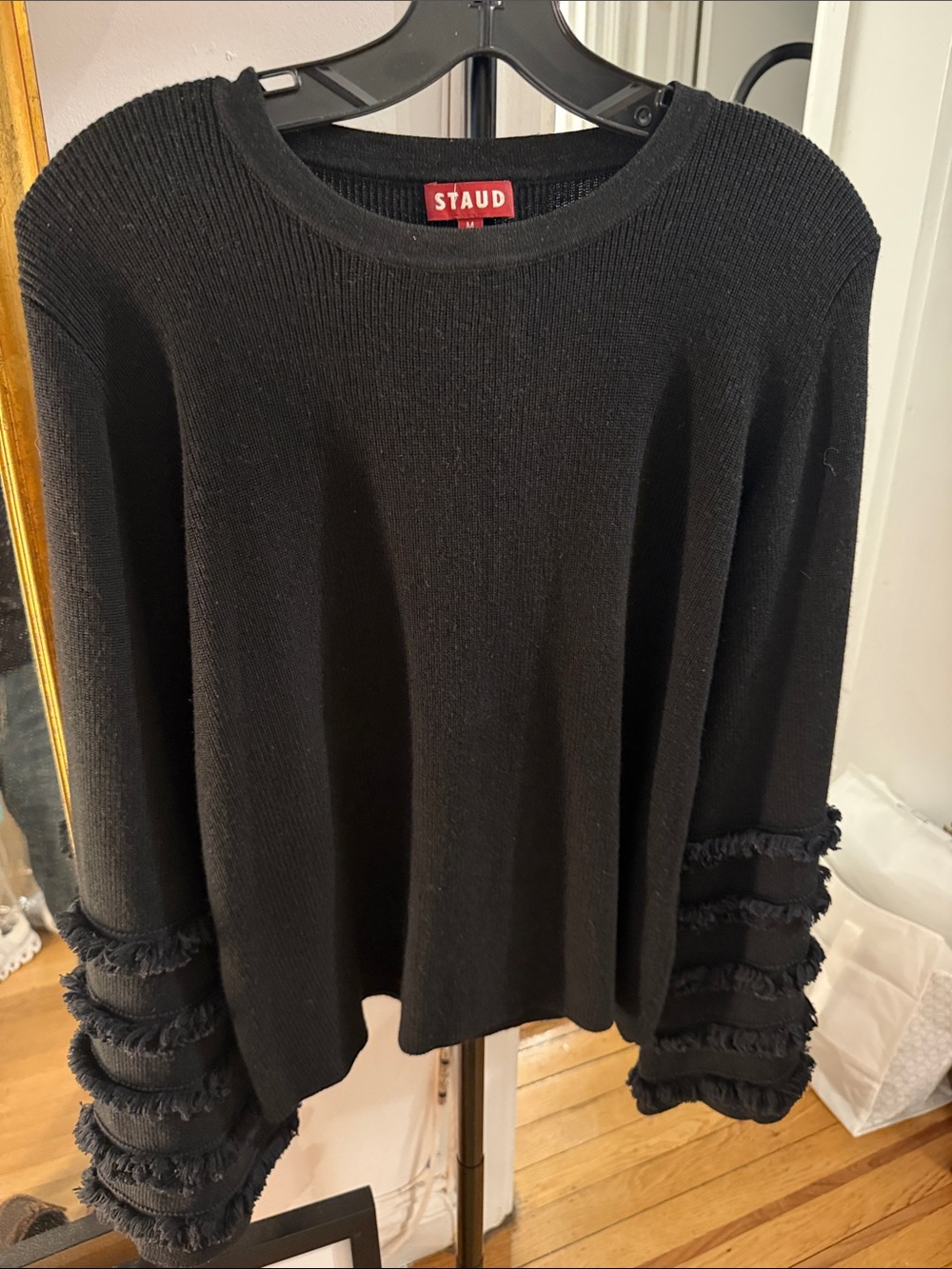 STAUD Black Crewneck Sweater with Fringe-Tiered Bell Sleeves